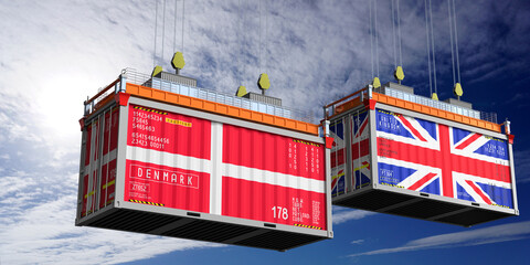 Shipping containers with flags of Denmark and United Kingdom - 3D illustration