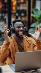 Sticker - Black male with an enthusiastic expression wearing headphones and raising his hands up while looking at his laptop, background image, generative AI