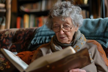 Portrait of relaxed retired senior woman sitting on the chair at home while reading a book enjoying free time and retirement