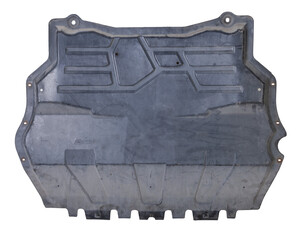 Black plastic engine cover liner on a white isolated background for sale or replacement in a car service. Mudguard on auto-parsing for repair or a device to protect the body from dirt.