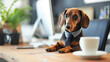 Dachshund Dog Wearing Suit and Tie Sitting at Desk