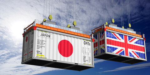 Shipping containers with flags of Japan and United Kingdom - 3D illustration