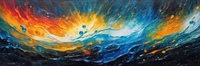 Abstract Painting With Swirling Colors Of Blue, Orange, And Yellow. The Paint Appears To Be In Motion, With Droplets And Splashes Creating A Dynamic Effect