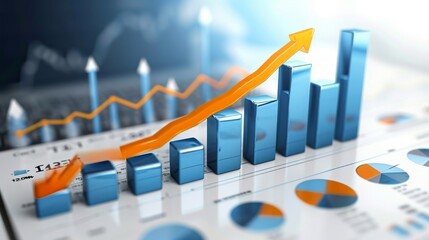 A 3D rendered image of a PowerPoint presentation displaying business revenue growth with ascending stacks and a rising graph line, symbolizing financial success and analytical data representa