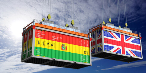 Shipping containers with flags of Bolivia and United Kingdom - 3D illustration