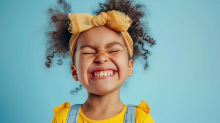 Poster - A joyful young girl with curly hair wearing a yellow headband and a yellow dress with blue denim sleeves smiling brightly against a blue background.