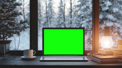 Laptop with replaceable chroma key screen on desk before wide window with winter forest sight, looped footage