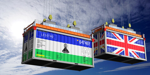 Shipping containers with flags of Lesotho and United Kingdom - 3D illustration