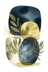 Wall Mural - Simple Botanical gold and dark blue Watercolor Design Symmetrical Print, incorporating natural shapes and forms, such as leaves or petals, within the geometric composition.