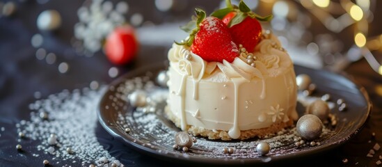 Canvas Print - March 8 celebration with homemade baking: a delicious dessert of white chocolate ganache on a pastry with silver decorations and fresh strawberry on top.