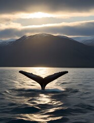 Wall Mural - View of a whale's tail lit by the sunlight emerging from the sea of Makushin, Unalaska, Alaska, United States. Generative AI
