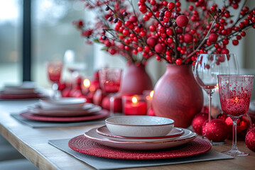 Wall Mural - Festive table settings for a wedding or Valentine's Day in maroon colour