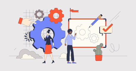 Wall Mural - Change management and new solution for process retro tiny person concept. Alternative performance planning for effective and productive work vector illustration. Development organization leadership.