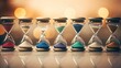 Row of Seven Colorful Sand Timers Against a Warm Bokeh Background. The concept of wasted time and the transience of life, deadline.