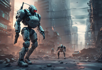 Wall Mural - Cyberpunk soldier city warfare - 3D illustration