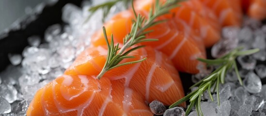 Wall Mural - Close-up shot featuring sliced salmon with a rosemary branch on crushed ice.