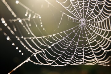 : a macro shot capturing the intricate details of a spider's delicate web adorned with morning dew.