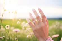 Manicure With Soft Pink Nails Framing The View Of A Spring Meadow