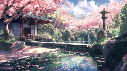 A tranquil Japanese garden adorned with cherry blossoms. Fantasy landscape anime or cartoon style, Seamless looping 4k time-lapse virtual video animation background