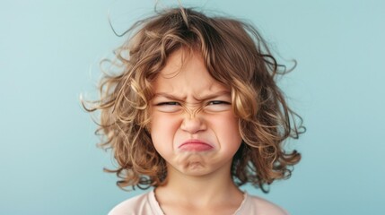 Canvas Print - A young child with curly hair making a scrunched-up face with furrowed brows and a puckered mouth against a light blue background.