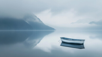 boat on the lake. cloudy weather and mountain in the background.