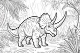 Fototapeta Dinusie - Protoceratops Dinosaur Black White Linear Doodles Line Art Coloring Page, Kids Coloring Book