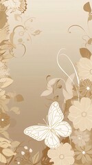 Wall Mural - Green card with decorations of flowers, butterfly, space for your own content. Valentine's Day as a day symbol of affection and love.