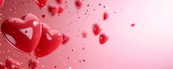 Wall Mural - Red hearts and small confetti pink background.Valentine's Day banner with space for your own content.