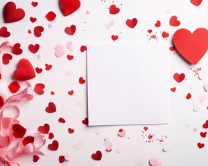 Wall Mural - White blank card with space for your own content. All around red and pink hearts. Valentine's Day as a day symbol of affection and love.