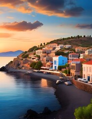 Greece landmarks - beautiful island Lesvos (Lesbos). Scenic Plomari town over sunset Generative AI
