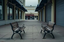 Vacant Benches Between Closed Storefronts
