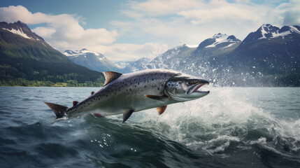 Wall Mural - A large salmon jumping out of the water on a snow-covered fjord in the background. Trophy fishing in the sea bay.