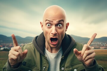 Wall Mural - A bald man making a funny face with his fingers. Suitable for humor and entertainment-related content