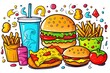 Colorful collection of children doodle art featuring a variety of fast food items.