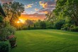 © Alina - Back house yard with green grass and nice landscaping with sunlights