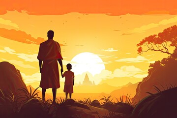 Wall Mural - father and child silhouette in african landscape illustration