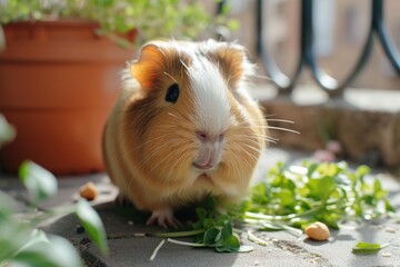 Poster - A brown and white guinea pig is seen enjoying a meal of fresh greens. This image can be used to depict small pets, animal care, or healthy eating habits