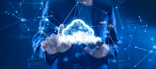 Poster - Cloud or edge computing technology concept. Businessman uses finger to click cloud icon connects data access Global use abstract binary code on dark blue background.