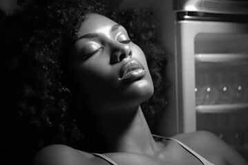 Poster - A black and white photo of a woman standing in front of an open refrigerator. This versatile image can be used to depict healthy eating, meal planning, or even food waste