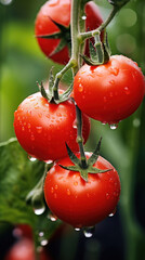 Wall Mural - Big red tomatoes soaked with water droplets on organic farm tomato plant.