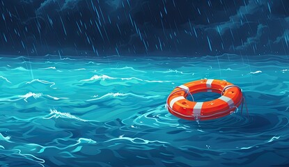 Vivid orange lifebuoy floating in blue sea symbolizing safety and rescue in times of danger essence of emergency preparedness and importance of life saving equipment in vast ocean