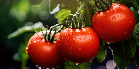 Poster - Big red tomatoes soaked with water droplets on organic farm tomato plant.