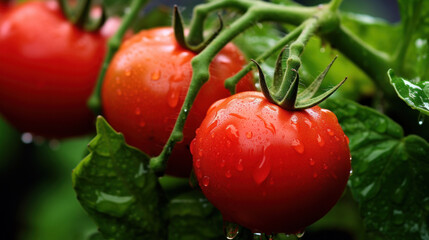 Poster - Big red tomatoes soaked with water droplets on organic farm tomato plant.