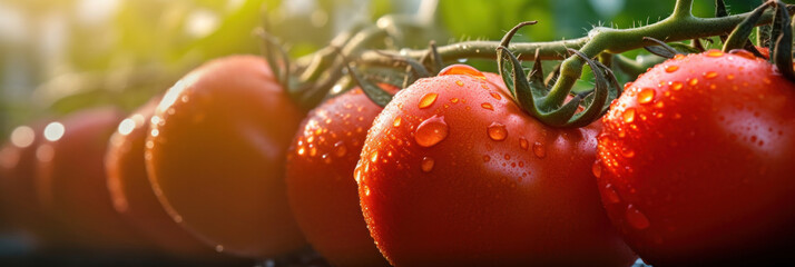 Wall Mural - Big red tomatoes soaked with water droplets on organic farm tomato plant.