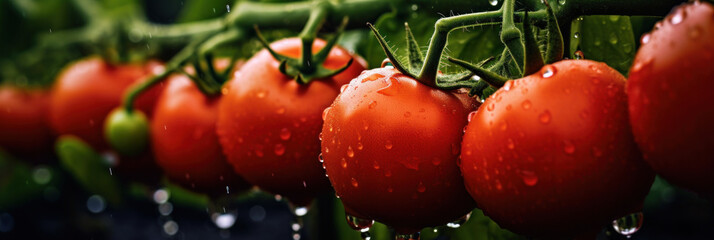 Wall Mural - Big red tomatoes soaked with water droplets on organic farm tomato plant.