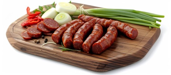 Poster - Wooden cutting board with sausage and spring onion.