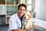 Fototapeta Zwierzęta - male attractive caucasian veterinarian doctor of thirty years old  holding white golden retriever dog puppy at work in vet clinic. 