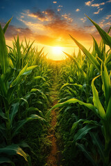 Wall Mural - Corn field with blue sky and clouds.