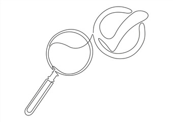 Wall Mural - magnifying glass with check mark. Magnifier, checkmark icon. Quality check, inspection, verification concepts.Continuous one line. 