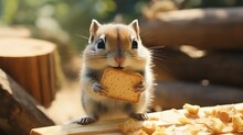 Cute Little Gerbil Eating Bread Outdoors On Sunny Day, Closeup